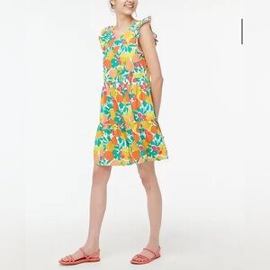 J. Crew Linen Blend Tiered Ruffle Abstract Fruit Print Dress Pockets Size 12